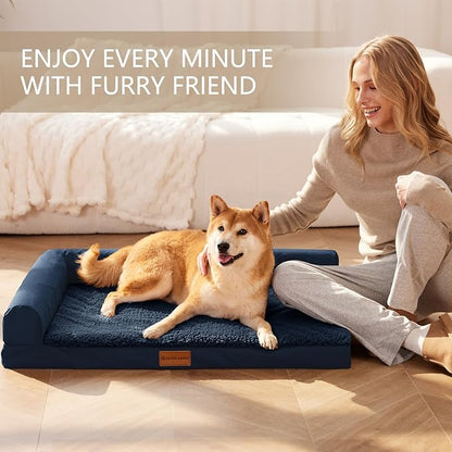 Patas Lague Orthopedic Dog Bed Large Sized Dog 36''X24'', Waterproof L Bolster Medium Pet Sofa Beds with Removable Washable Cover, Soft Comfortable Pet Couch Crate Mat with Nonskid Bottom, Navy Blue