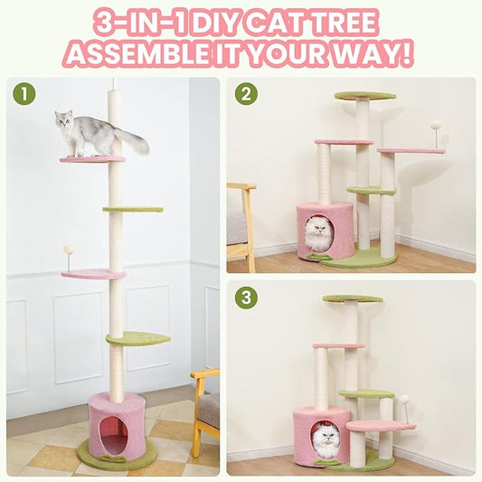 Max & Marlow Cat Tree Floor to Ceiling Cat Tower Height 95-108" Adjustable Kitten Tree Tall Climbing Tree with Carpet Scratching Post and Mat Cat Pole for Indoor Cats, Pink