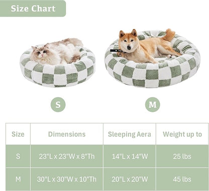 Ohocut Checkered Dog Bed, Cute Sage Green Retro Style Aesthetic Round Warming Pet Calming Beds for Small Dog and Cats, Plush Cozy Donut Washable, 30" L x 30" W x 8" Th