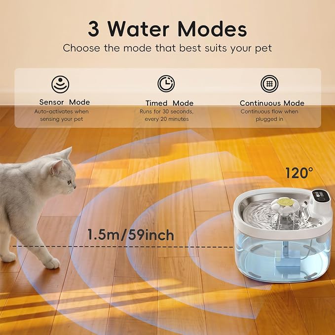 Wireless Cat Water Fountain 95fl-oz/2.8L Cat Fountain,Stainless Steel Tray,Rechargeable Pet Drinking Fountains for Cats and Dogs(Cat Fountain+3 Filters)