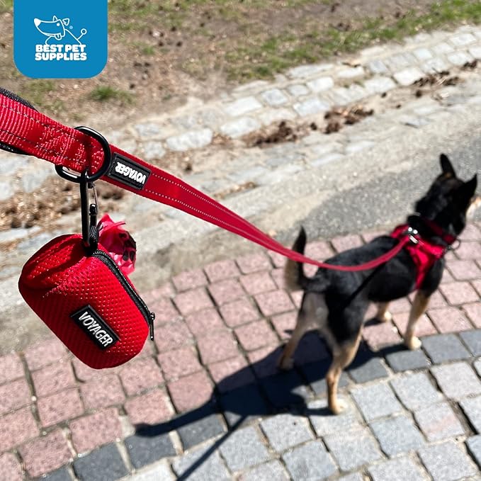 Best Pet Supplies Dog Poop Bag Holder Leash Attachment with 15 Bags, Black, Reusable Mesh Dispenser Pouch for Travel, Walking, Park, and Outdoor Use, Soft and Durable with Clip-On