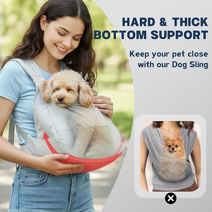 Dog Sling Carrier for Small Dogs with Bottom Support, Adjustable Pet Front Dog Carrier-Padded Straps Reducing Back Neck Pain, Anti-Anxiety Backpack for Travel Hiking Camping, Hands Free (Grey,S)