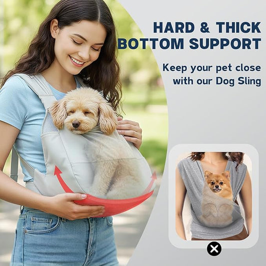 Dog Sling Carrier for Small Dogs with Bottom Support, Adjustable Pet Front Dog Carrier-Padded Straps Reducing Back Neck Pain, Anti-Anxiety Backpack for Travel Hiking Camping, Hands Free (Grey,M)