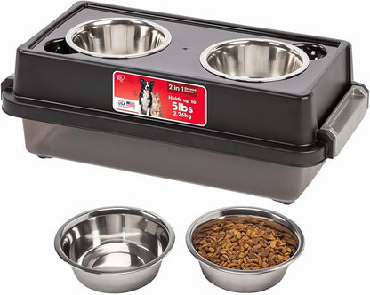 IRIS USA Elevated Dog Bowls with Storage, 6" H Raised Feeding Station, Dog Bowl Stand with Airtight Food Storage Holds 5 lbs, 4 Removable 16 oz Stainless Steel Food and Water Bowls, Smoke/Black