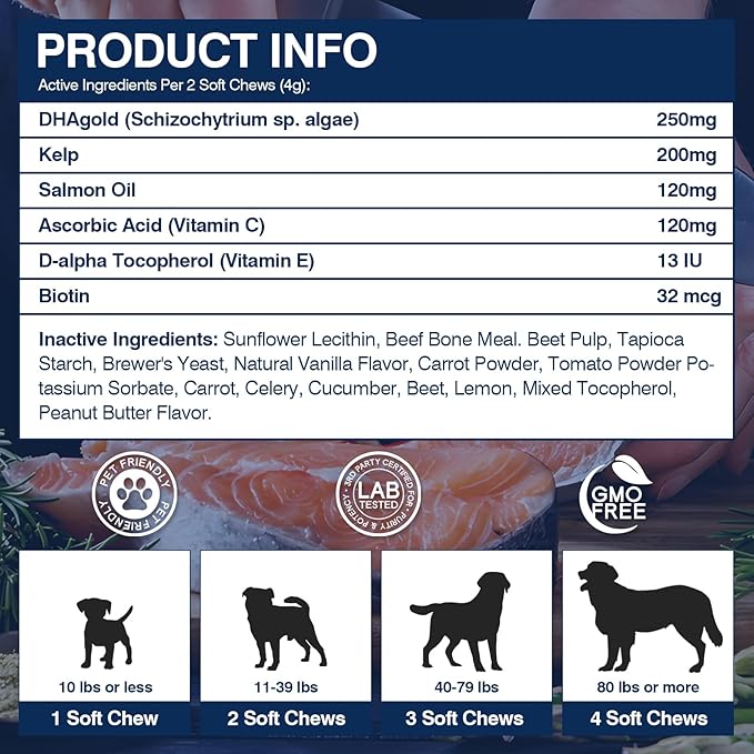 TTLXBL Omega 3 Skin and Coat Supplement for Dogs 200 Chews Dog Fish Oil Supplements with EPA & DHA Fatty Acids Dry Skin Relief for Dogs Shedding Allergy Itching Promotes Heart Hip Joint(Peanut Butter)