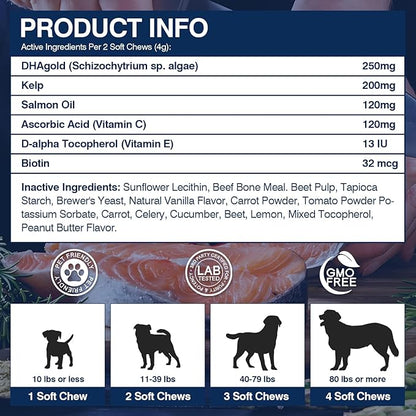 TTLXBL Omega 3 Skin and Coat Supplement for Dogs 200 Chews Dog Fish Oil Supplements with EPA & DHA Fatty Acids Dry Skin Relief for Dogs Shedding Allergy Itching Promotes Heart Hip Joint(Peanut Butter)