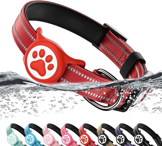 Airtag Dog Collar, Reflective Ultra-Durable Nylon Padded with QR Buckle & IP68 Waterproof Air Tag Holder Compatible for Apple AirTag, Comfortable for Small Medium Large Dogs (Red, XS)
