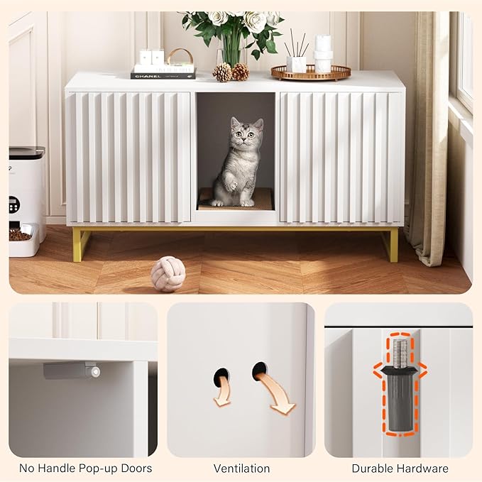 Halitaa Double Litter Box Enclosure,Modern Cat Litter Box Enclosure for 2 Cats, Hidden Litter Box with Cat Scratch Pad, Cat Washroom Cat House End Table, Entryway Bench for Livingroom (White)
