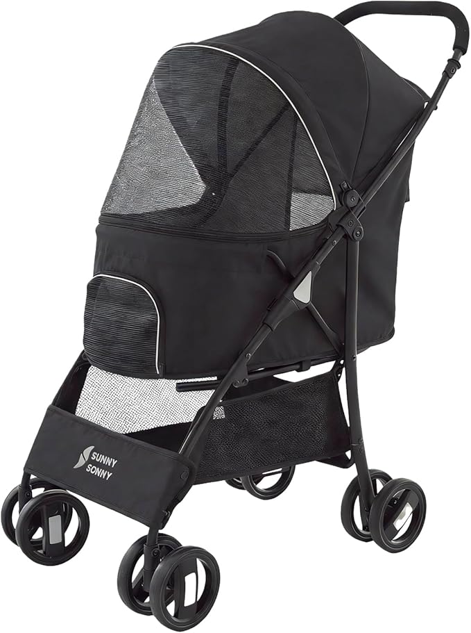4 Wheels Pet Stroller,Easy-Foldable Dog Cat Cage Jogger Stroller with Weather Cover for All-Season,Storage Basket and Visible Mesh for Small/Medium Pets up to 33lbs (Black)