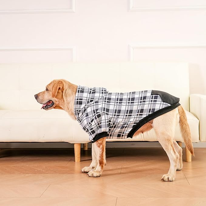 EXPAWLORER Plaid Dog Hoodie - British Style Warm Dog Sweater Shirt with Leash Hole,Pitbull Clothes Outfits,Winter Coat Apparel for All Breeds Puppy Girl Boy-Cat Apparel,Black & White X-Large
