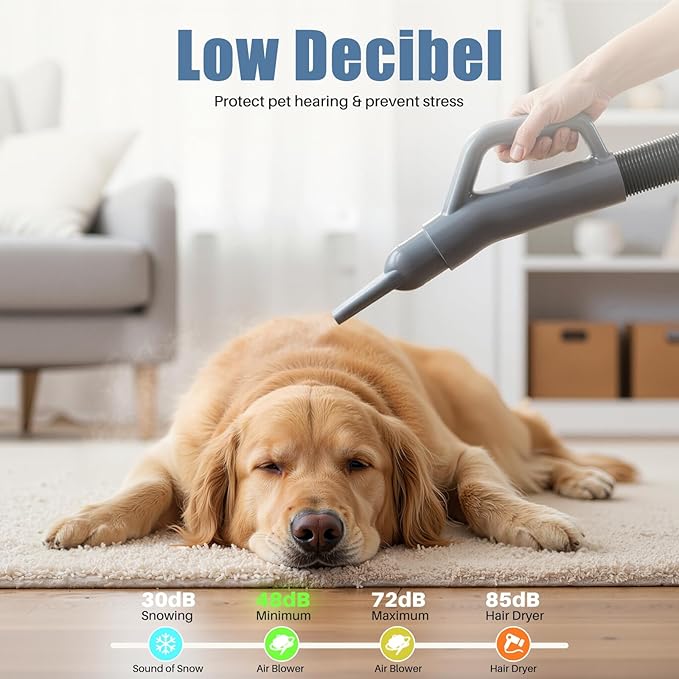 DUMOS Dog Blow Dryer Grooming Vacuum Kit, Cat Dog Hair Dryer with Adjustable Wind Speed & Heater Temperature, Cool-Warm-Hot Cycle Mode, 4 Nozzles, 6.5 FT Cord for Low Noise Pet Hair Remover - Grey