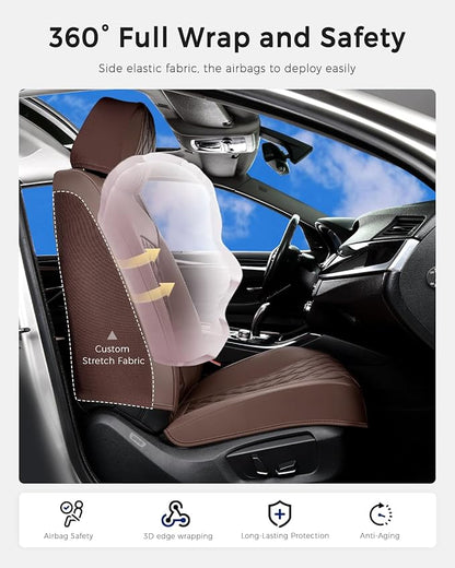 Huidasource Coffee Seat Cover, Nappa Leather Car Seat Cover, Velcro Adjustable, Compatible with Airbags, Armrests, Child Seat, Seat Belts, Fit for Most Cars, Vans, Trucks, SUVs (Full Set/Coffee)