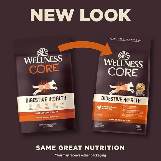 Wellness CORE Digestive Health Adult Dry Dog Food, Wholesome Grain Kibble, Sensitive Stomach, Natural, High Protein, Chicken Recipe, 24 lb Bag