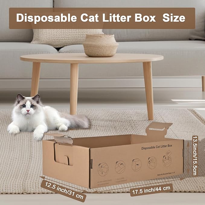 6 Pack Disposable Litter Boxes for Cats, 17.4" x 12.3" x5.4" Large Cardboard Cat Litter Box, Extra Thick Portable Travel Litter Box for Cats, Foldable, Waterproof, Leak Resistant (Large, Count, 6)