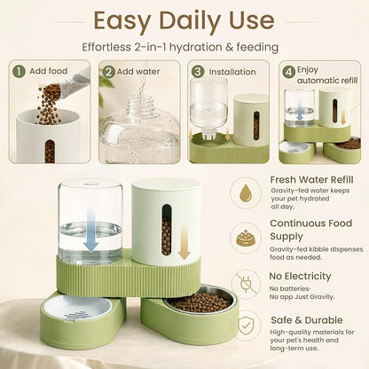 Gravity Cat Feeder 2 Pack Automatic Food Feeder and Water Dispenser Set Detachable Pet Bowl with Silicone Mat for Cats Small Medium Dogs, Large Capacity(Green)