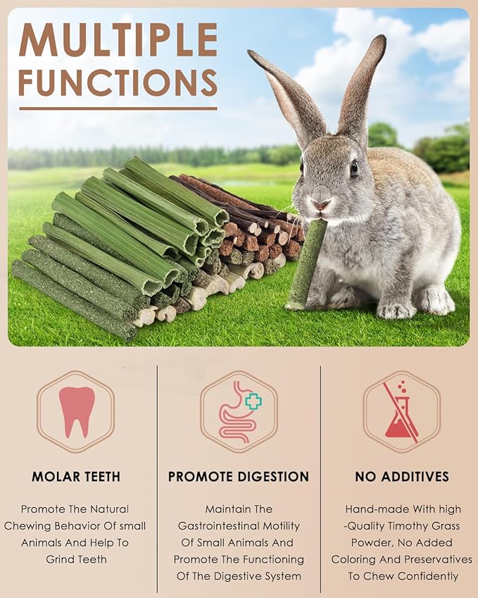 Bissap 54 PCS Rabbit Chew Sticks, Mix Natural Sweet Bamboo Timothy Hay Oat Carrot Chew Stick Apple Branch Bunny Chews for Rabbit Hamster Chinchilla Guinea Pig Small Pet Molar Treats