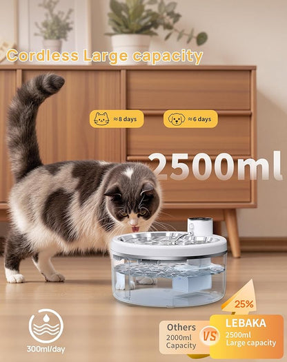 Wireless Cat Water Fountain with Stainless Steel Tray, 84oz/2.5L Pet Fountain for Cats Inside, Cat Fountain for Drinking with Motion Sensor, Ultra Quiet Pump for Pets&Small Animals (84oz+8Filters)