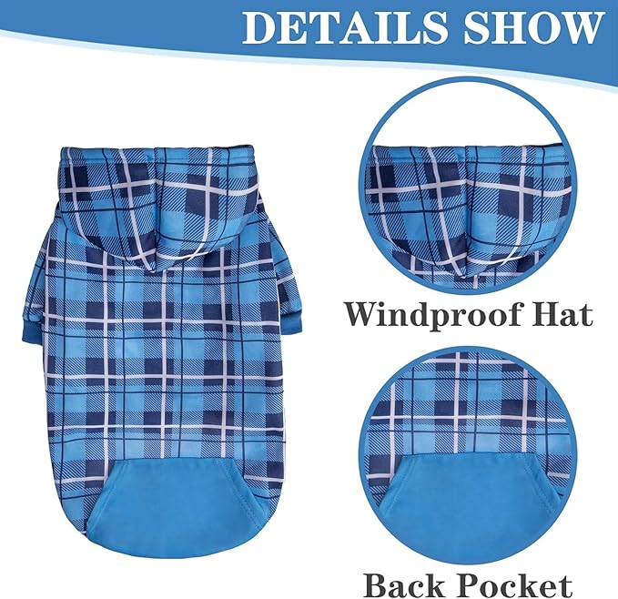 EXPAWLORER Plaid Dog Hoodie - British Style Warm Dog Sweater Shirt with Leash Hole,Pitbull Clothes Outfits,Winter Coat Apparel for All Breeds Puppy Girl Boy-Cat Apparel,Blue X-Large