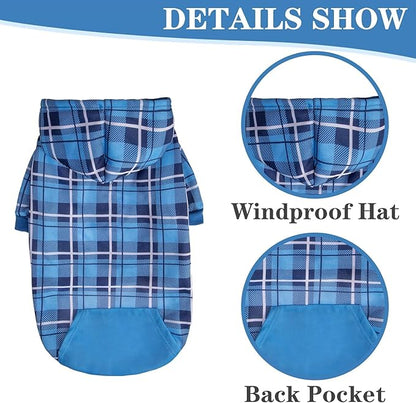 EXPAWLORER Plaid Dog Hoodie - British Style Warm Dog Sweater Shirt with Leash Hole,Pitbull Clothes Outfits,Winter Coat Apparel for All Breeds Puppy Girl Boy-Cat Apparel,Blue Small