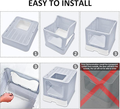 Panghuhu88 Foldable Cat Litter Box with Lid, Large Top Entry Toilet, Enclosed Potty Include Litter Scoop, Drawer Type Easy Clean Litter Pan (Grey, 20" L x 16" W x 15" H)