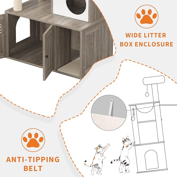 Furniture Style Cat Tree Tower & Hidden Litter Box Cabinet Combo – Multi-Level Cat House with Sisal Scratching Posts, Perch & Luxury Hammock