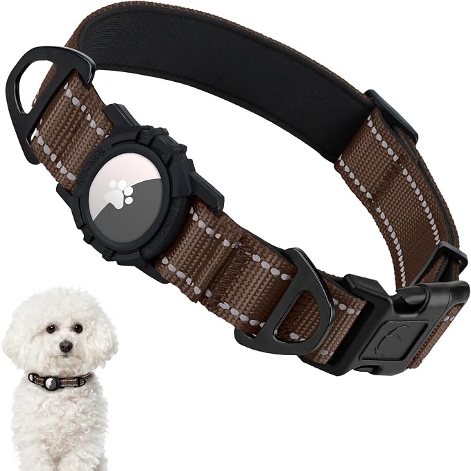Taglory AirTag Dog Collar with Waterproof Holder for Small Dogs, Brown, S | Reflective for Night Walks & Low-Light Safety, Track Your Pup Peace of Mind, Adjustable Soft Padded, No More Dangling Tags