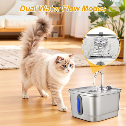 SEIRMEP Stainless Steel Cat Water Fountain, 101oz/3L Automatic Pet Water Fountain, Dog Water Fountain with Replacement Filters for Cats, Small Dogs (2 Filters and 2 Sponges)