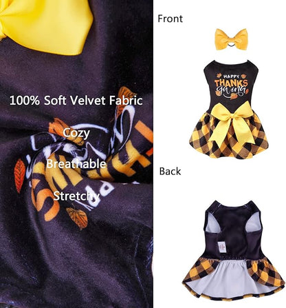 CuteBone Happy Thanksgiving Day Dog Fall Dress Costume Velvet for Small Dogs Girl Puppy Dresses Yellow Plaid Dog Clothes CVA03M-D