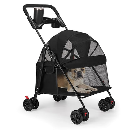 Foldable Pet Stroller for Small/Medium Dogs & Cats up to 22 lbs - Lightweight 4-Wheel Design with Sun Canopy, Storage Basket & Breathable Mesh Windows（Black