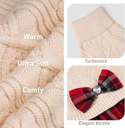 KYEESE Dog Sweater Knitwear Dog Sweaters for Small Dogs Girl Thick Dogs Clothes with Bowtie Stretchy Cat Sweaters Warm Pullover Pet Coats Soft Turtleneck Pet Sweater Dress for Cold Weather Winter