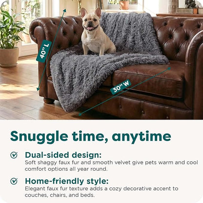 FurHaven Waterproof Throw Blanket For Dogs & Indoor Cats, Reversible Protective Pet Blanket, Medium, Long Faux Fur & Velvet, Gray