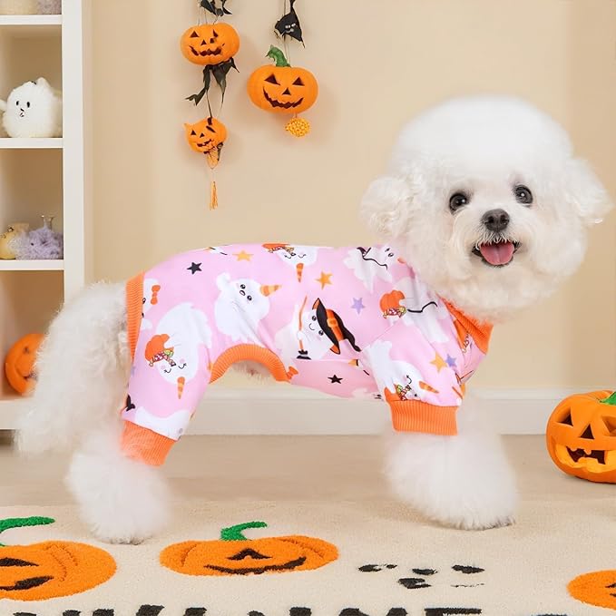 XPUDAC Halloween Ghost Dog Clothes Soft Strechy Puppy Pajamas Doggie Pjs Puppy Onesie Pet Outfits Cat Jumpsuits, 222-XS