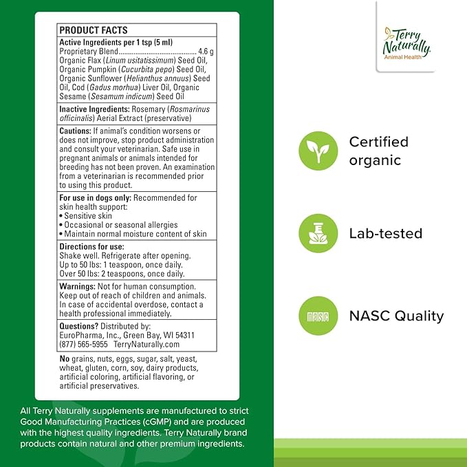 Terry Naturally Omega Skincare - Canine Skin Health Pet Supplies - Skin Support for Dog's Health - Omegas for Animals - Pet Skincare Supplements - 8 fl oz
