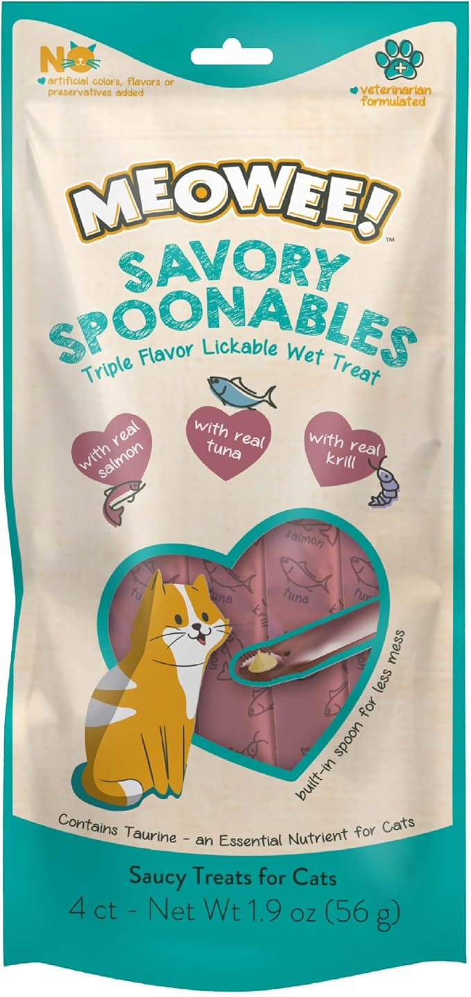 MEOWEE! Savory Spoonables with Real Salmon, Tuna and Krill for Cats, 4 Count, Treat Your Cat to Triple Flavor Squeezable Lickable Wet Treats with Built-in Spoon for Less Mess (Pack of 2)