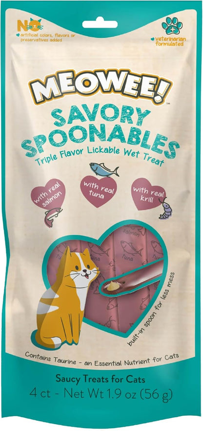 MEOWEE! Savory Spoonables with Real Salmon, Tuna and Krill for Cats, 4 Count, Treat Your Cat to Triple Flavor Squeezable Lickable Wet Treats with Built-in Spoon for Less Mess