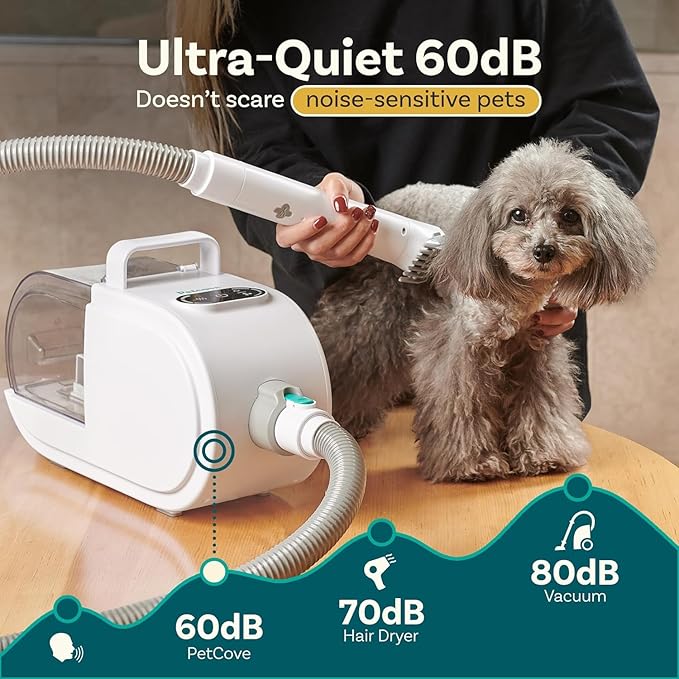 PetCove Dog Grooming Kit – Pet Clippers, Nail Grinder & Blow Dryer with Quiet 3-Speed Suction, 3 Heat Settings, 2.6L Dog Hair Vacuum Dust Bin, HEPA System, Self-Cleaning Brushes