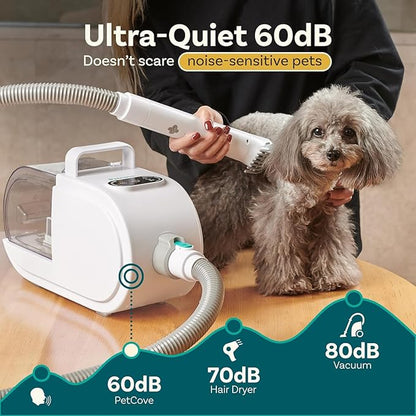 PetCove Dog Grooming Kit – Pet Clippers, Nail Grinder & Blow Dryer with Quiet 3-Speed Suction, 3 Heat Settings, 2.6L Dog Hair Vacuum Dust Bin, HEPA System, Self-Cleaning Brushes