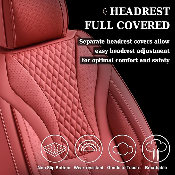 Coverado Waterproof Nappa Leather Car Seat Covers, Automotive Seat Covers，Front Car Seat Cushion & Car Seat Protector, Red Seat Covers Universal Fit for Most Cars, SUVs, Trucks