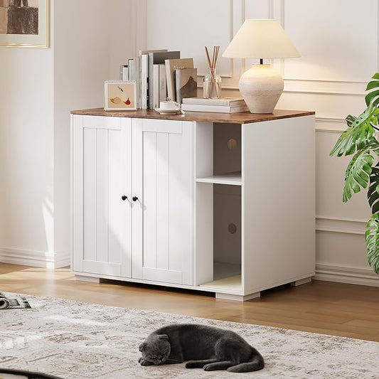 Garvee Dog-Proof Large Cat Litter Box Enclosure with Scratch Pad, Large Automatic Litter Box Furniture for Placing Self-Cleaning Litter Box,Litter Cabinet with Outlet,Space for Cat Stuffs