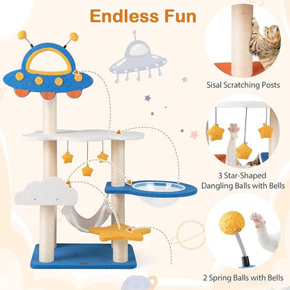 PETSITE 49-inch Cat Tree for Indoor Cats, Space-Themed Multi-Level Cute Cat Tree Tower with Sisal Scratching Posts, UFO Top Perch, Space Capsule, Cloud & Star Platforms, Dangling & Spring Balls