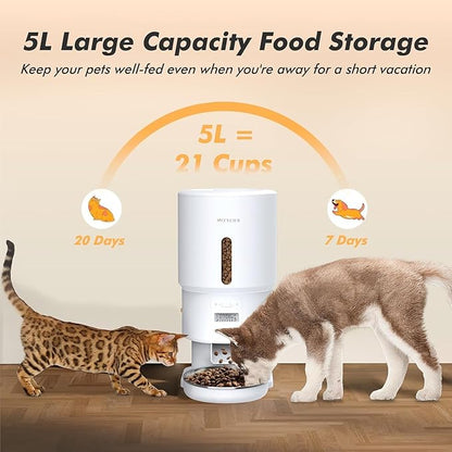 Automatic Cat Feeder - 5L Anti-Clog Cat Food Dispenser Keeps 2-15mm Dry Food Fresh, 10s Voice, 1-6 Meals/Day, Programmable Portions, 180-Day Battery Life, Easy to Clean Auto Pet Feeder for Small Dog