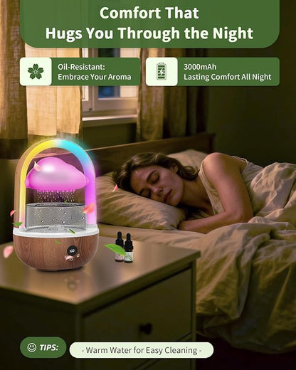 Relaxing Indoor Water Fountain with Gentle Rain Sounds, Weljoy Cloud Rainbow Rain Tabletop Fountain with Color Changing Lights, Wireless Design for Office Desk Meditation (Wood)