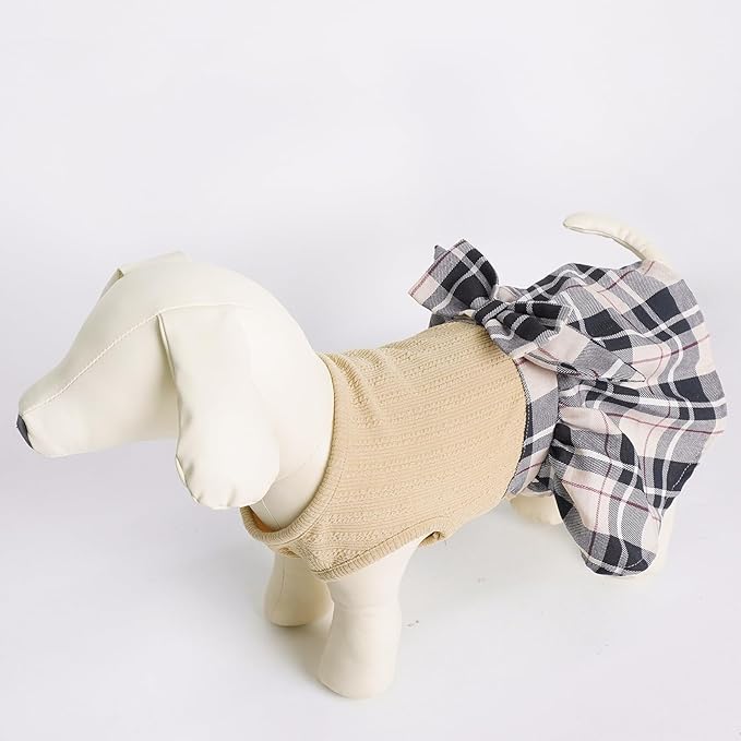 PUPTECK Classic Plaid Dog Dress Pet Apparel with Cute Bowtie Puppy Clothes Outfit,Cream,L