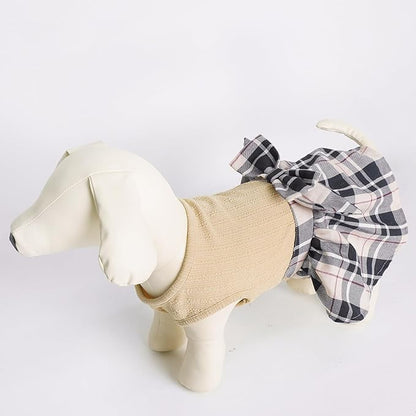 PUPTECK Classic Plaid Dog Dress Pet Apparel with Cute Bowtie Puppy Clothes Outfit,Cream,L
