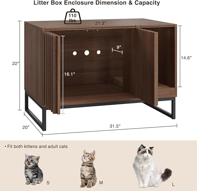 Halitaa Cat Litter Box Enclosure, Modern Hidden Litter Box Furniture with Scratch Pad, Indoor Cat Washroom House End Table, Entryway Bench for Livingroom (Walnut)