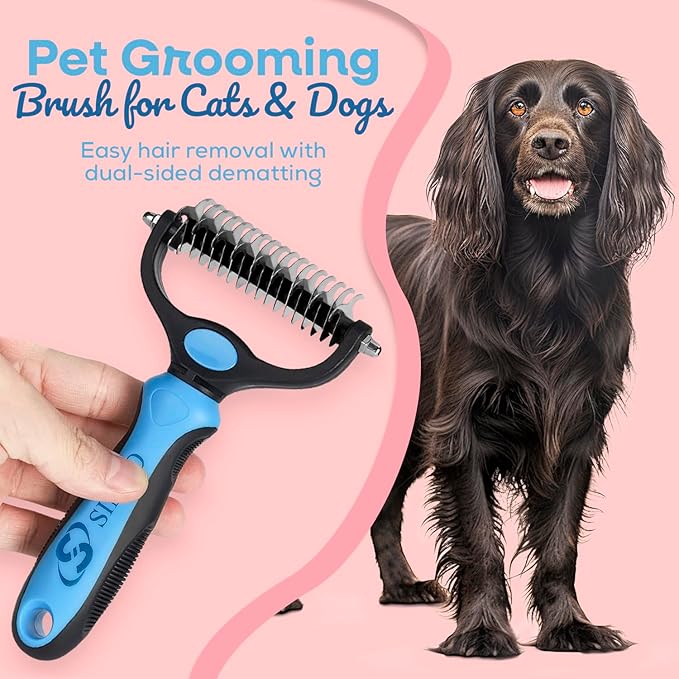Sinko Deshedding Dog and Cat Brush, Dematting Comb with Extra Wide Double-Sided Stainless Teeth for Detangling, Deshedding, Brushing & Removing Shed Fur, Knots, Mats, and Tangles in Pets (Blue)