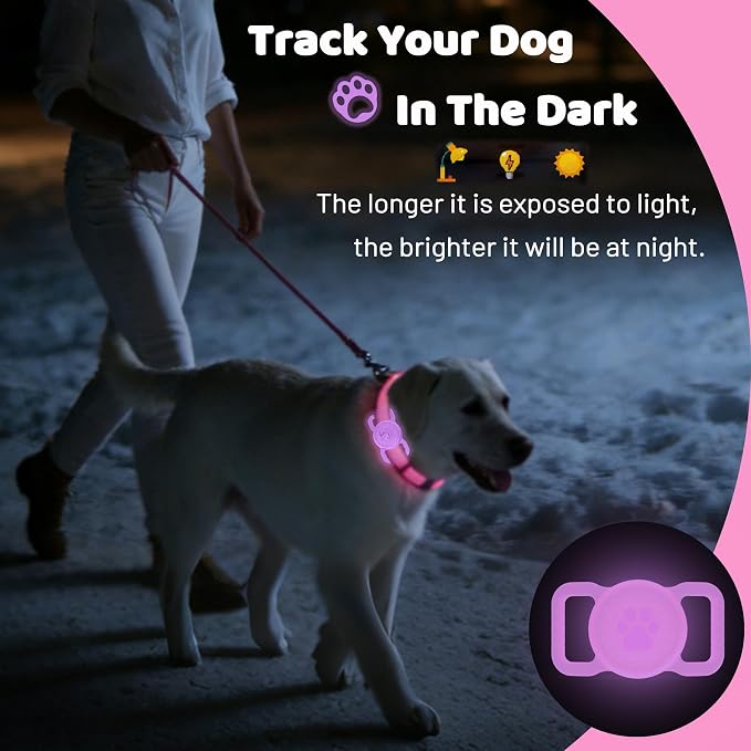 SANKALA Luminous Airtag Dog Collar Holder, Pink Glitter, 1 Pack | Glittery, Waterproof, Silicone Full Body Covered Anti-Lost Protective, Fits All Width Pet Collars, for Airtag 1st and 2nd Gen