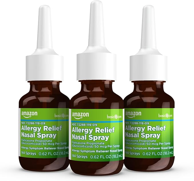 Amazon Basic Care 24-Hour Allergy Relief Nasal Spray, Fluticasone Propionate (Glucocorticoid) 50 mcg, Full Prescription Strength, Non-Drowsy, 0.62 Fl Oz (3 Pack)
