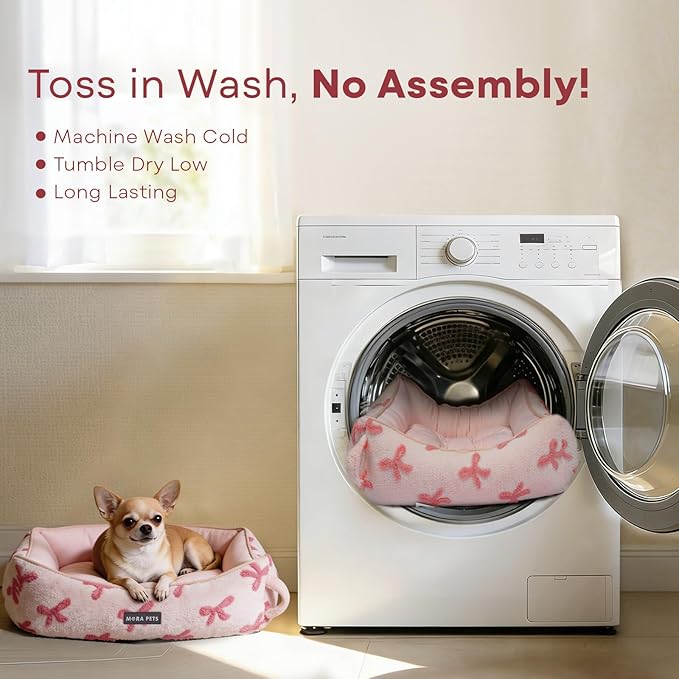 Mora Pets Reversible Dog Bed for Medium Size Dogs Washable - Cool & Warm 2-in-1 Anti Anxiety Calming Pet Bed for Summer, Rectangle Puppy Bed with Non Slip Bottom Cute Pink Bow (30''x24''x8'')