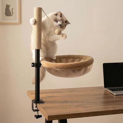 Cat Desk Bed with Scratching Post - Adjustable Height & 360° Rotation, Reversible Machine Washable Cover, Space-Saving Clamp-On Design for Office Desks, Sturdy Support for Indoor Cats